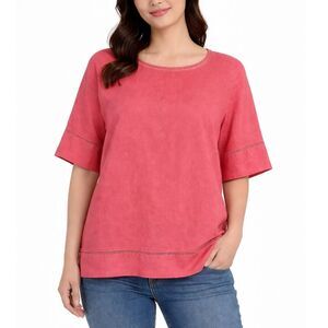 Symple NYC 100% Linen Blouse M Coral Pink Short Sleeve Lace Cutout Boxy Top